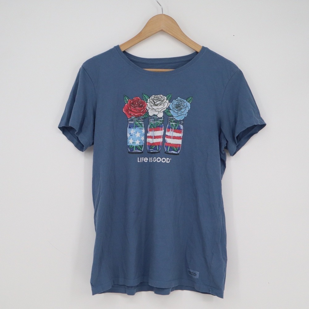 Life Is Good Womens Crusher-Lite Blue Patriotic Mason Jar Rose T-Shirt Large - Picture 2 of 8